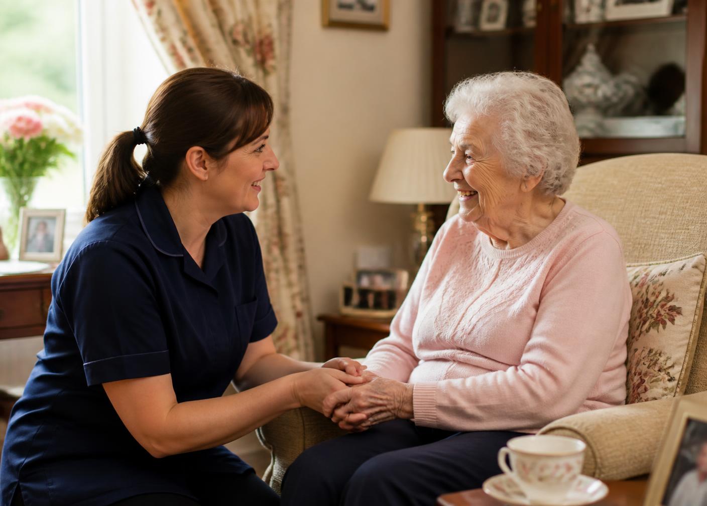 A care worker holding hands with an elderly lady in her living room
